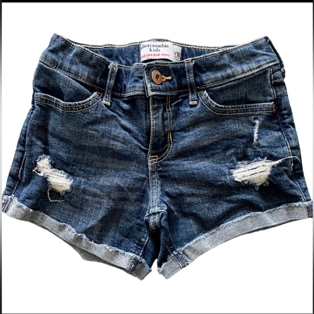 EUC ABERCROMBIE KIDS Dark Wash Distressed Mid Rise Midi Shorts Size 9/10